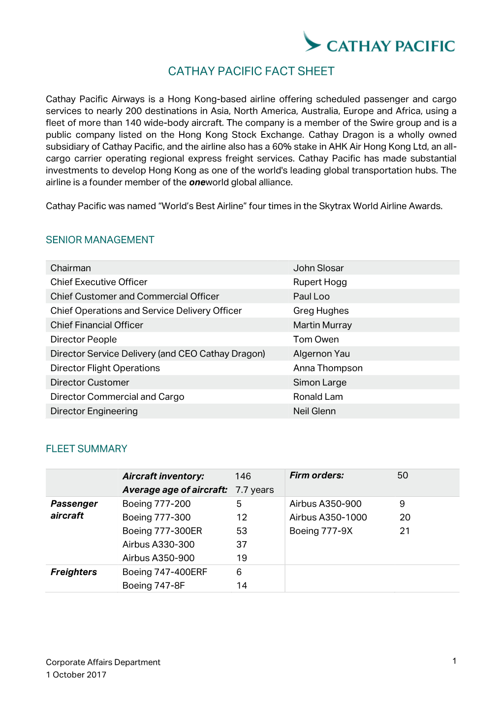 Cathay Pacific Airways Fact Sheet