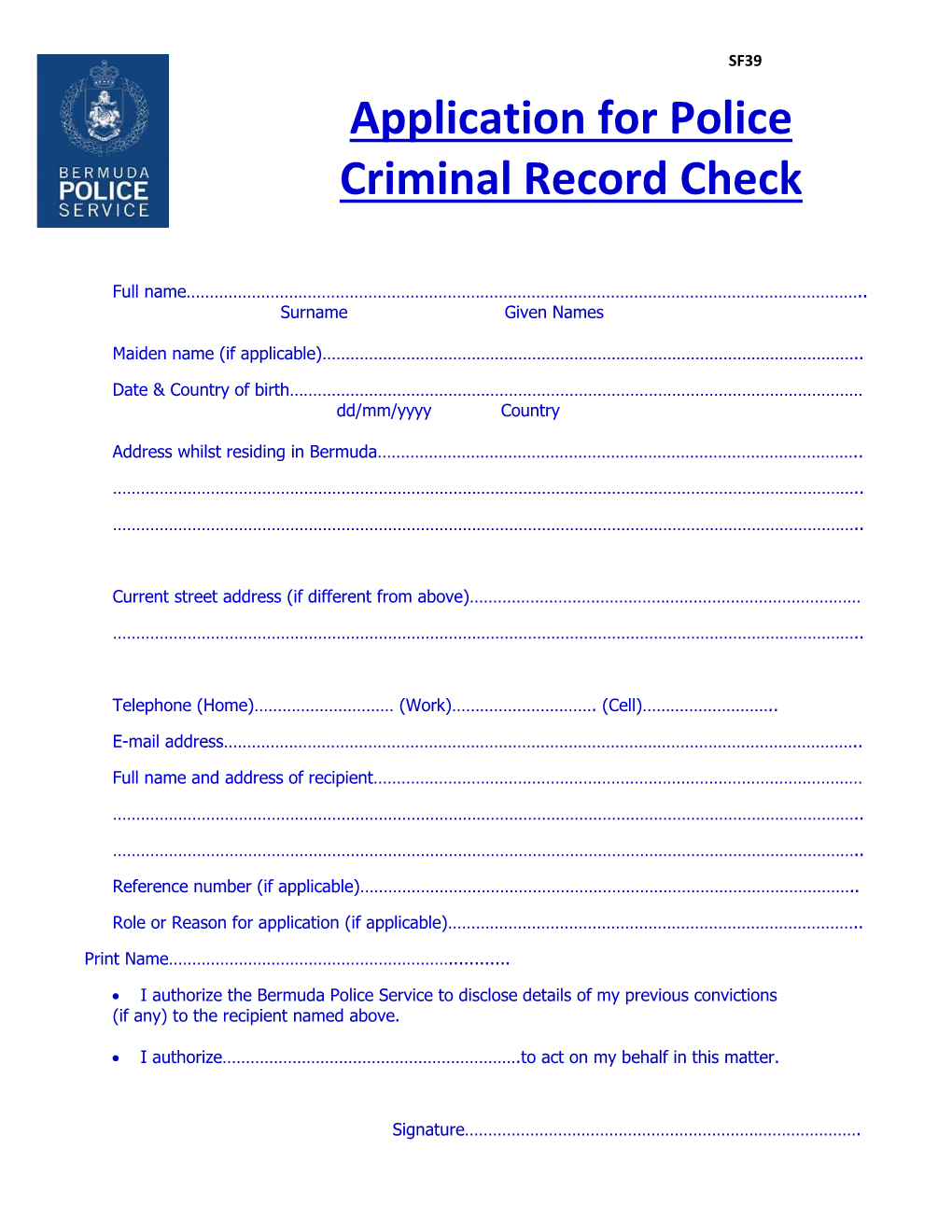 Application for Police Criminal Record Check