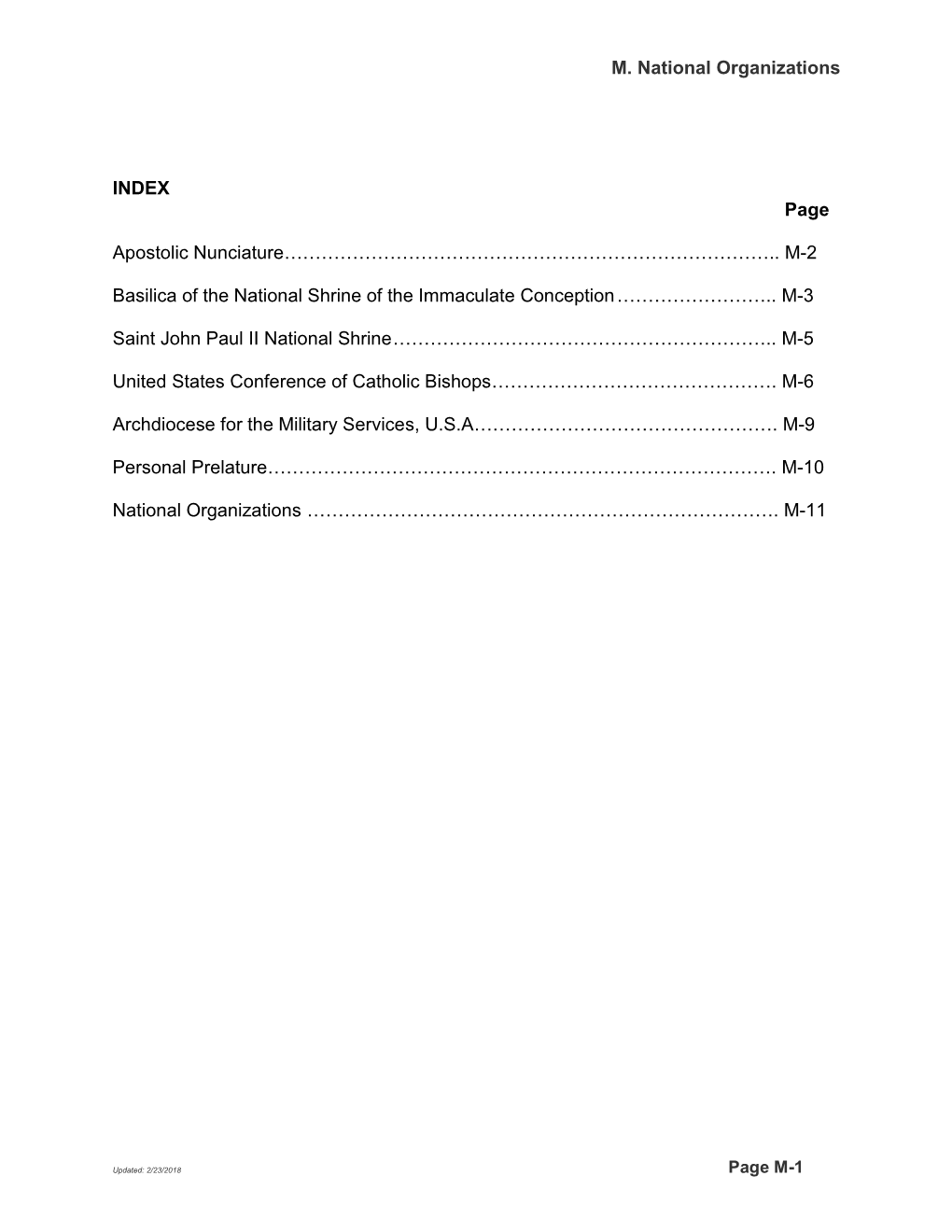 M. National Organizations INDEX Page