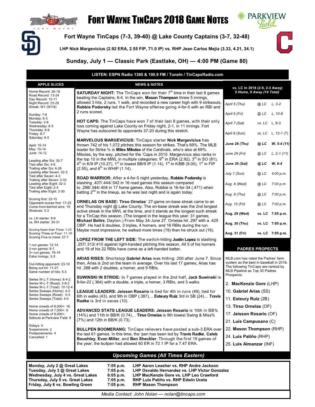 Fort Wayne Tincaps 2018 Game Notes