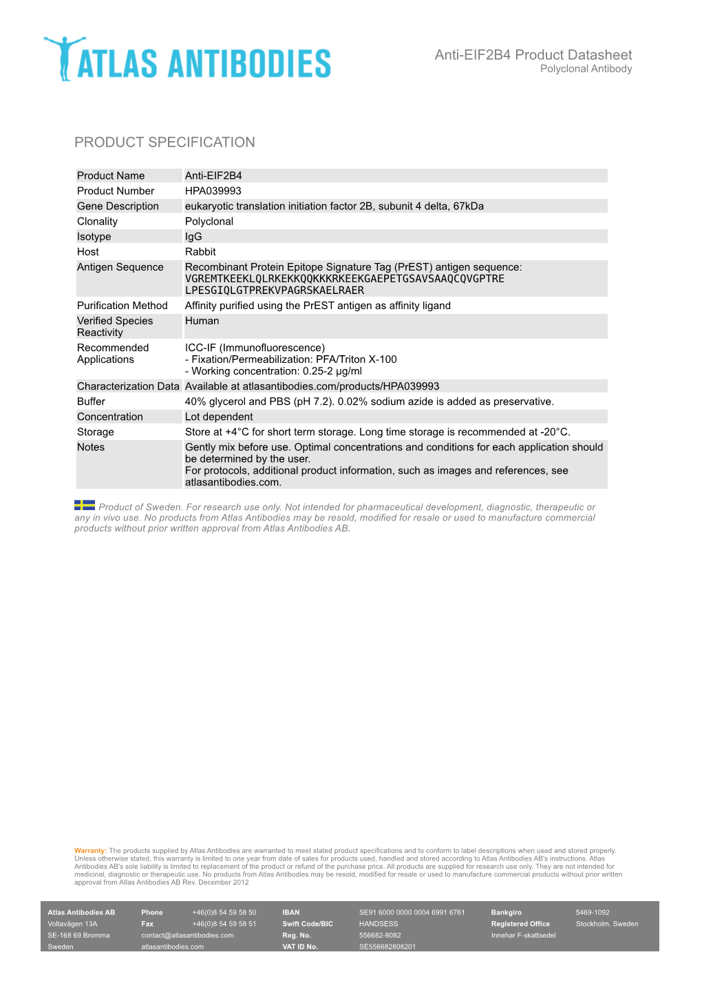 PRODUCT SPECIFICATION Anti-EIF2B4 Product