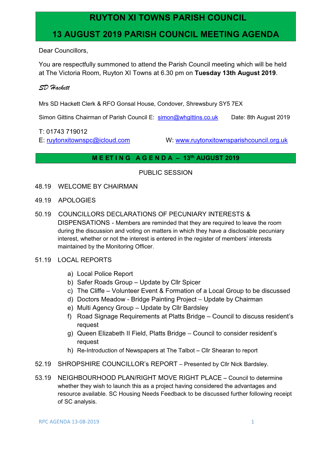 Ruyton Xi Towns Parish Council 13 August 2019 Parish Council Meeting Agenda