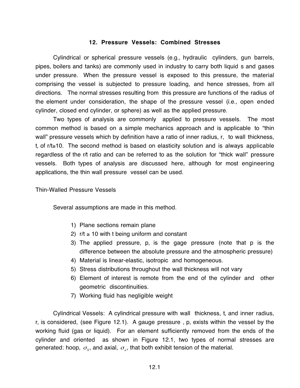 12.1 12. Pressure Vessels: Combined Stresses Cylindrical Or Spherical