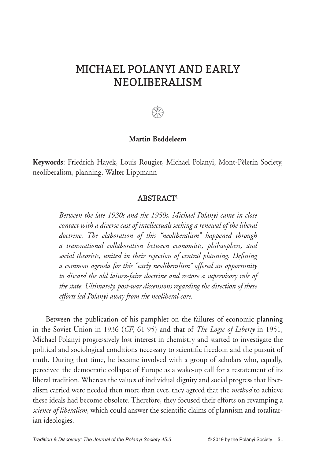 Michael Polanyi and Early Neoliberalism