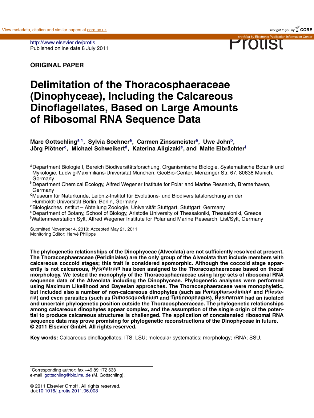 Dinophyceae), Including the Calcareous