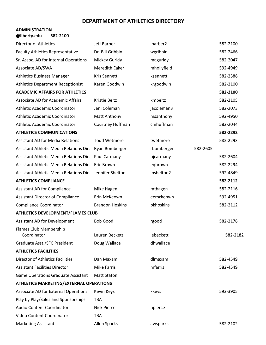 Department of Athletics Directory