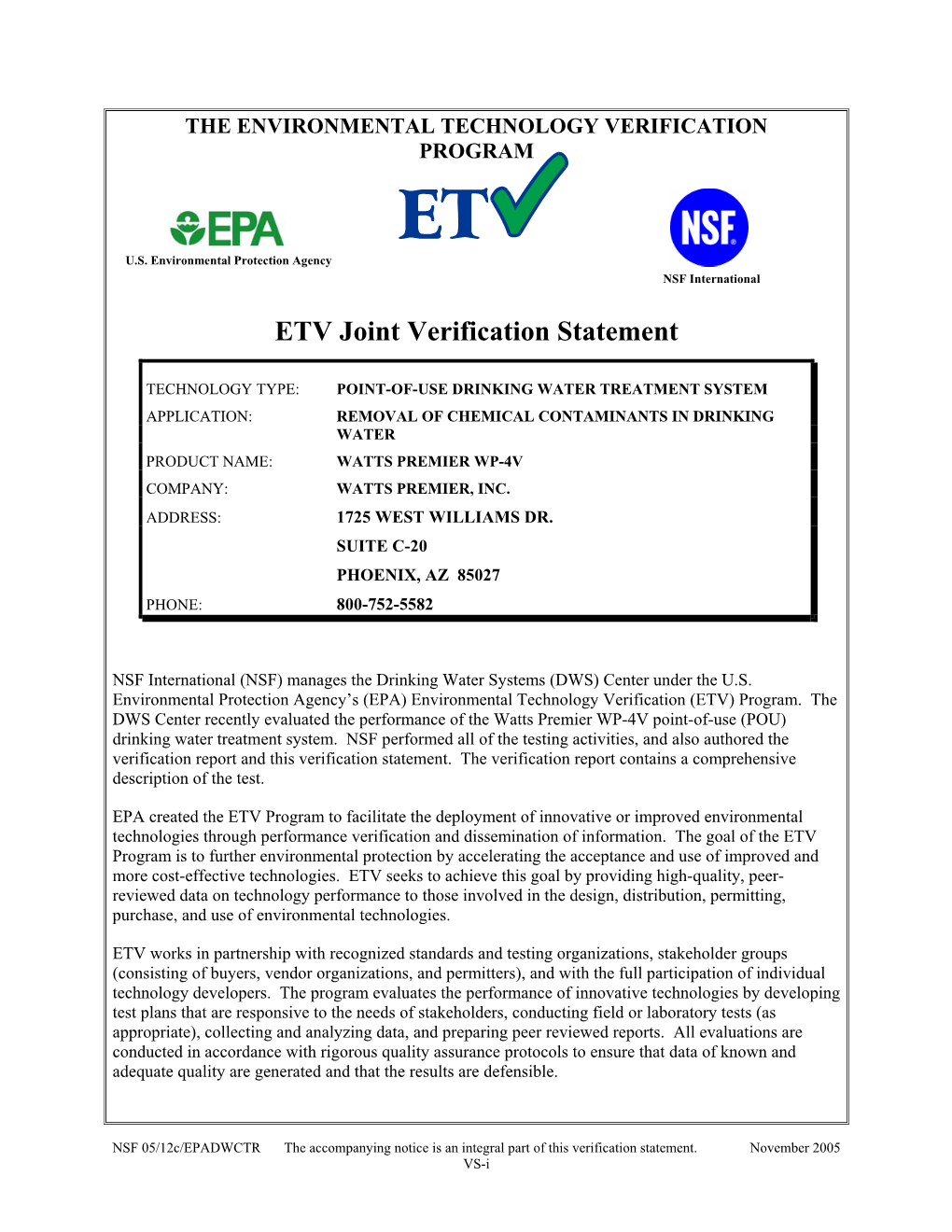 US EPA Environmental Technology Verification Statement Removal of Chemical Contaminants in Drinking Water Watts Premier Inc