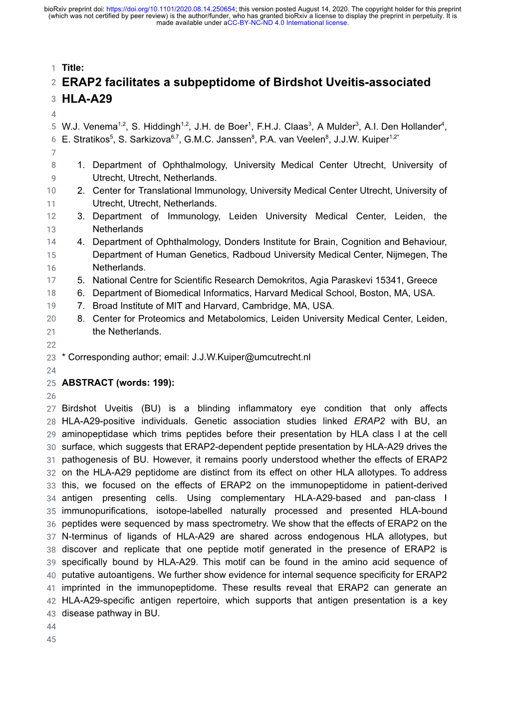 ERAP2 Facilitates a Subpeptidome of Birdshot Uveitis-Associated HLA-A29