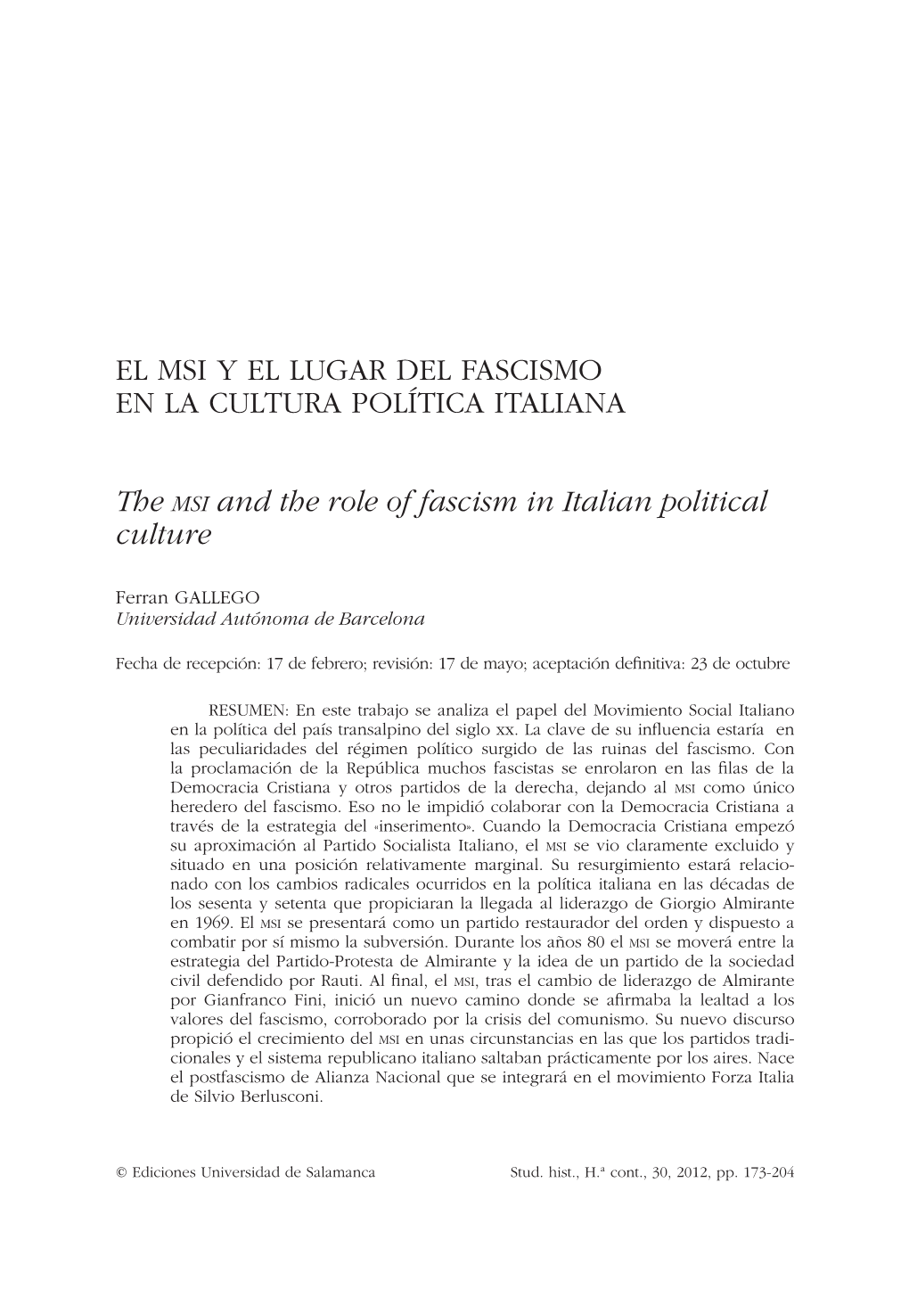 El MSI Y El Lugar Del Fascismo En La Cultura Política Italiana = the Msi and the Role of Fascism in Italian Political Culture