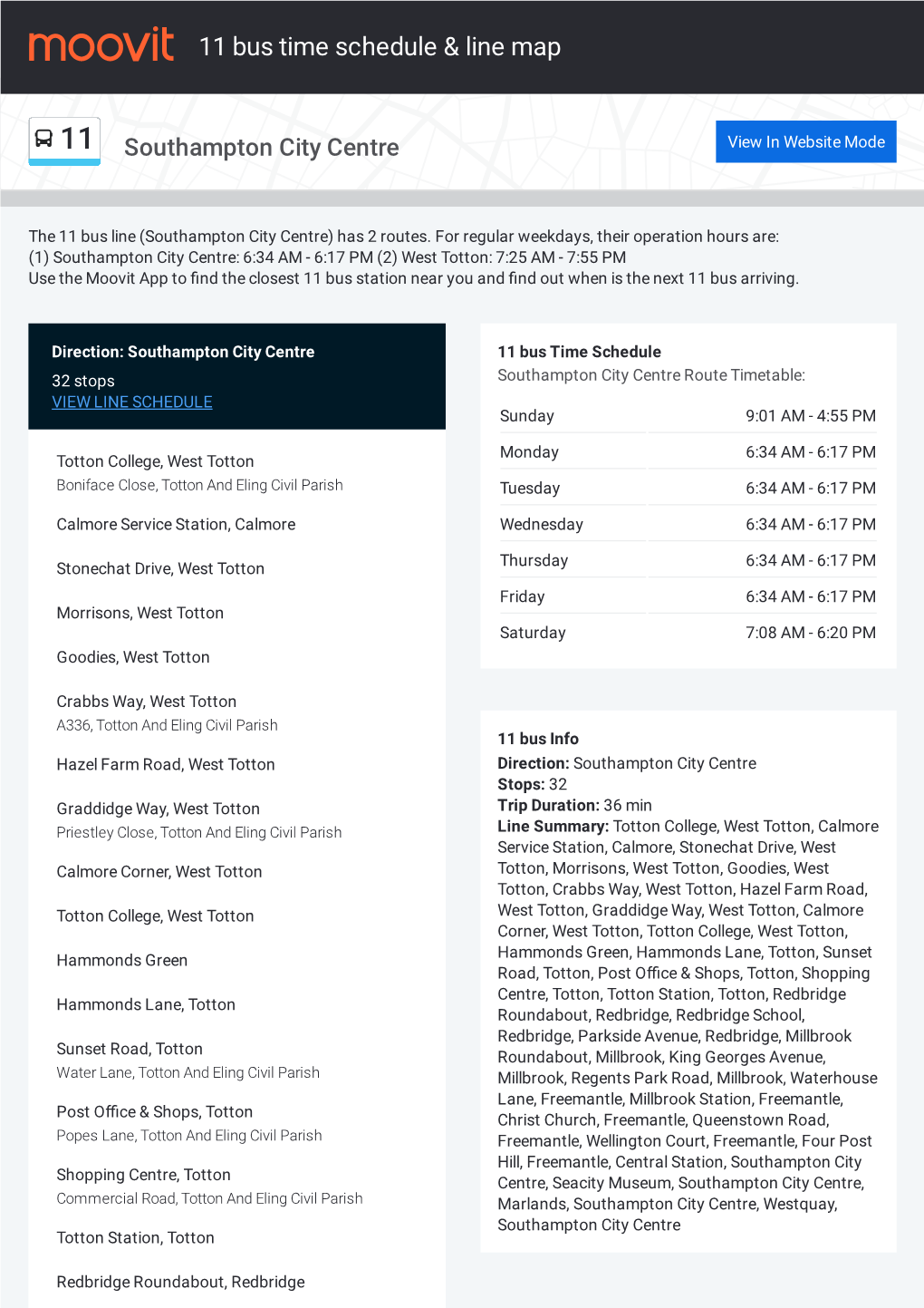 11 Bus Time Schedule & Line Route