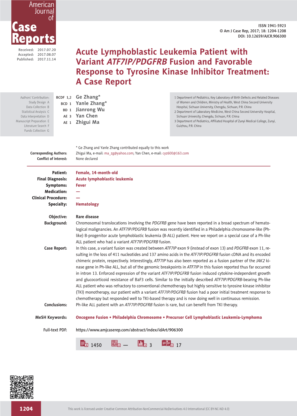 Acute Lymphoblastic Leukemia Patient with Variant ATF7IP