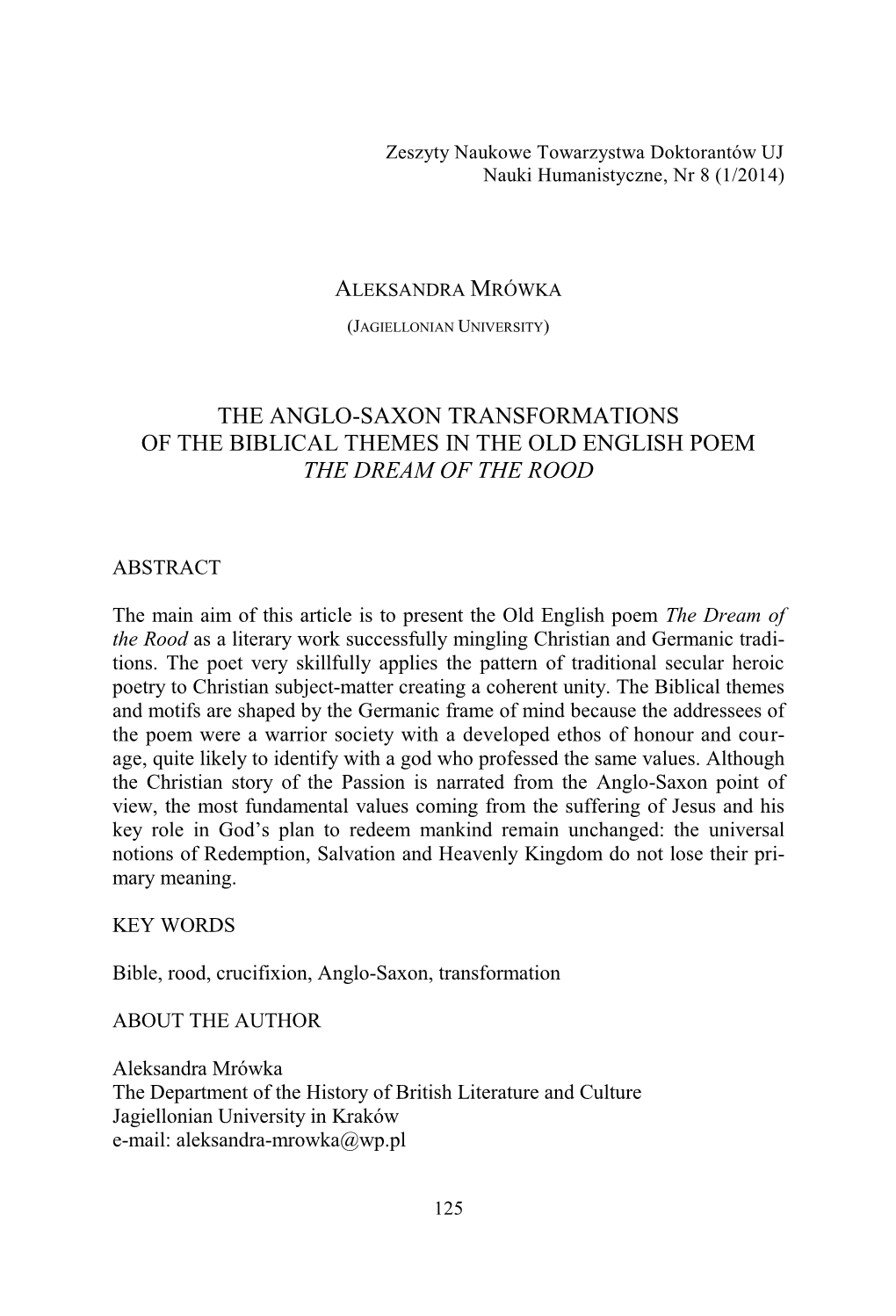 The Anglo-Saxon Transformations of the Biblical Themes in the Old English Poem the Dream of the Rood