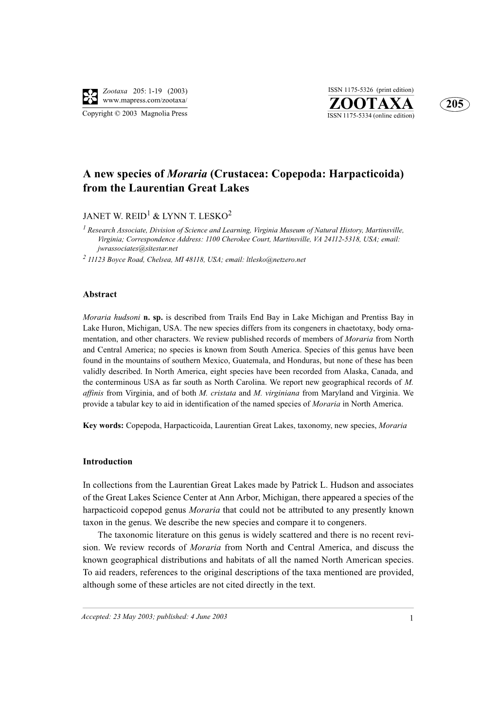 Zootaxa 205: 1-19 (2003) ISSN 1175-5326 (Print Edition) ZOOTAXA 205 Copyright © 2003 Magnolia Press ISSN 1175-5334 (Online Edition)