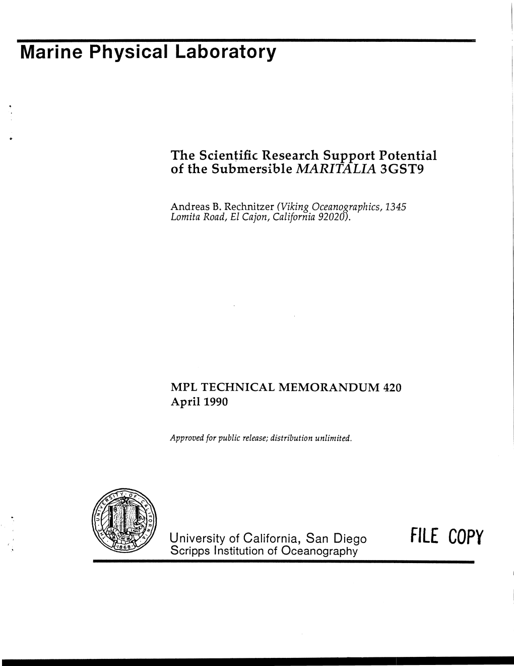 FILE COPY Scripps Institution of Oceanography TABLE of CONTENTS