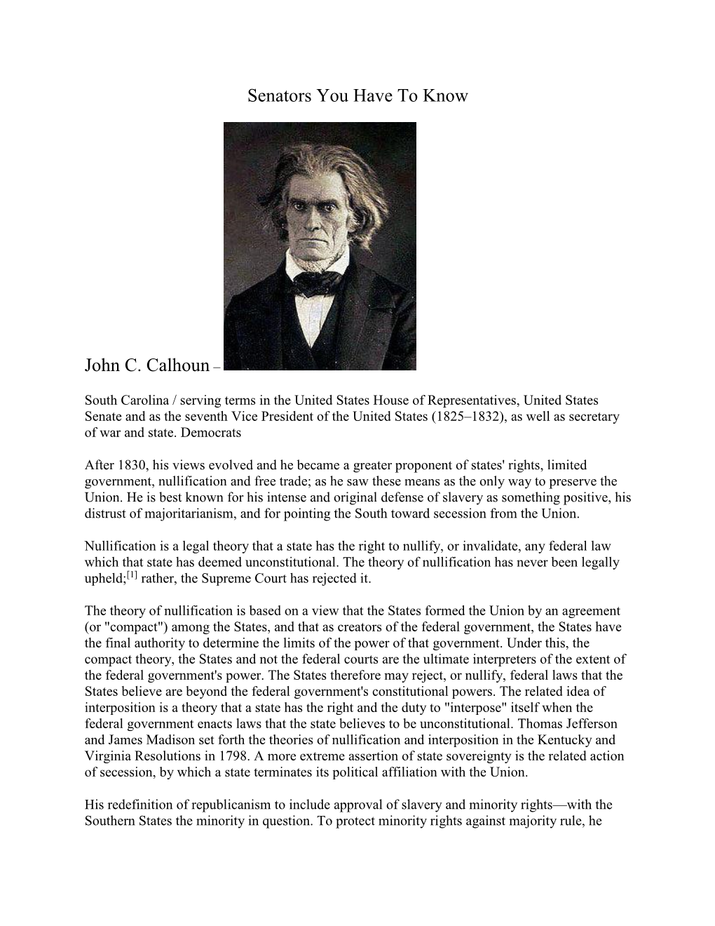 Senators You Have to Know John C. Calhoun –