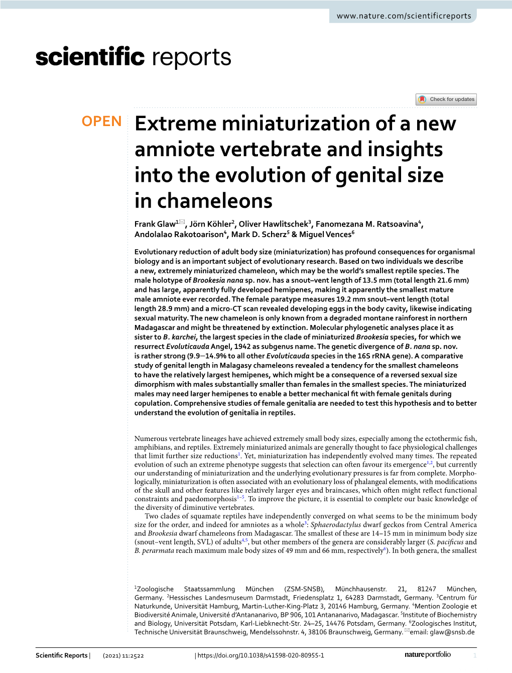 Extreme Miniaturization of a New Amniote Vertebrate and Insights Into the Evolution of Genital Size in Chameleons