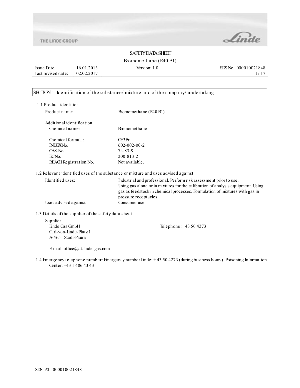 SAFETY DATA SHEET Bromomethane (R40 B1) SECTION 1