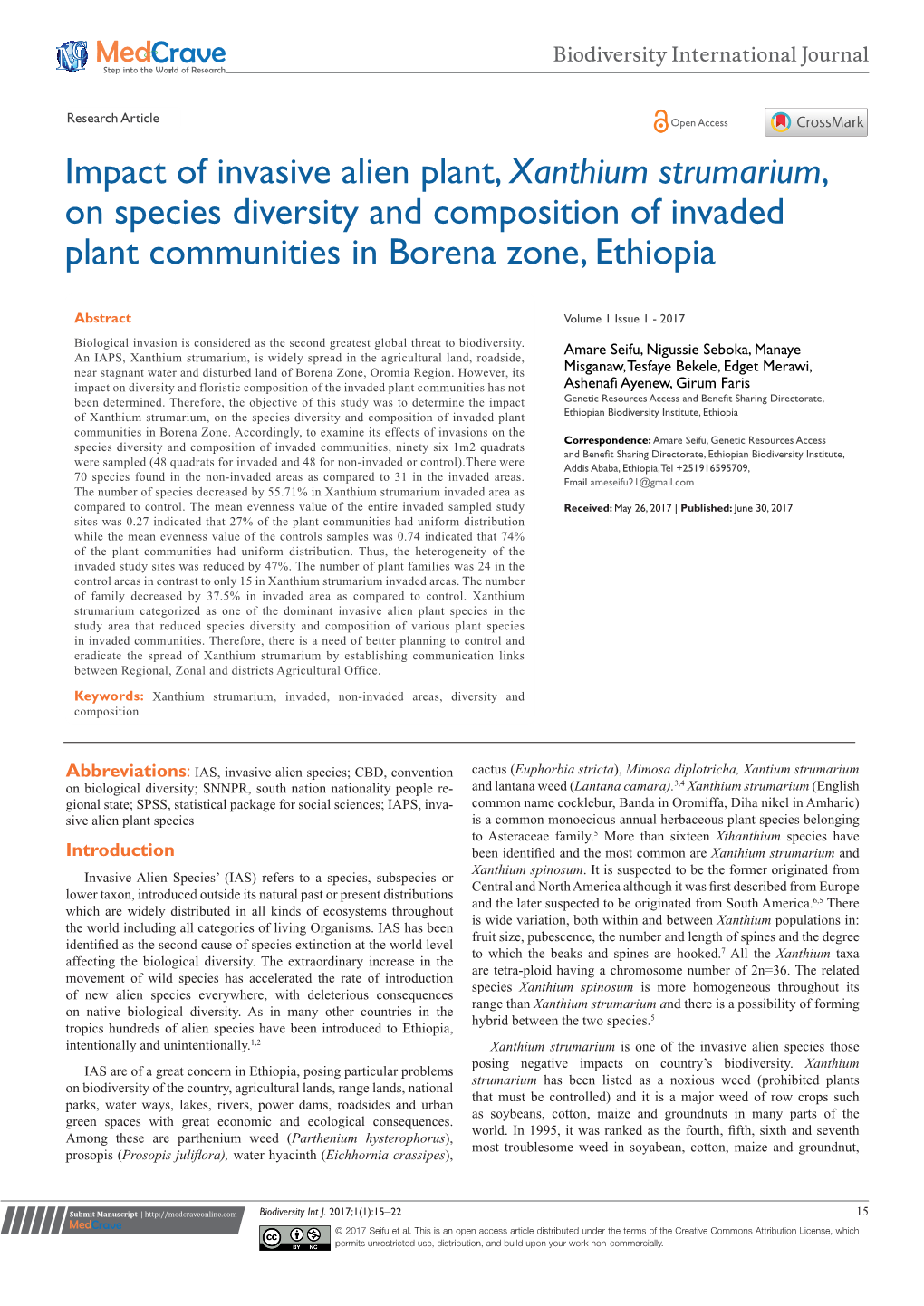 Xanthium Strumarium, on Species Diversity and Composition of Invaded Plant Communities in Borena Zone, Ethiopia