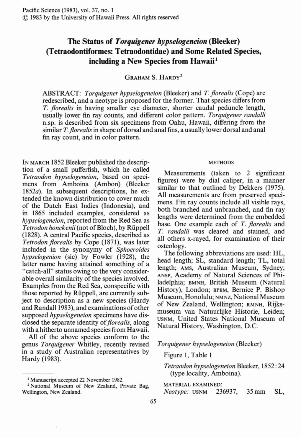 Tetraodontiformes: Tetraodontidae) and Some Related Species, Including a New Species from Hawaii!