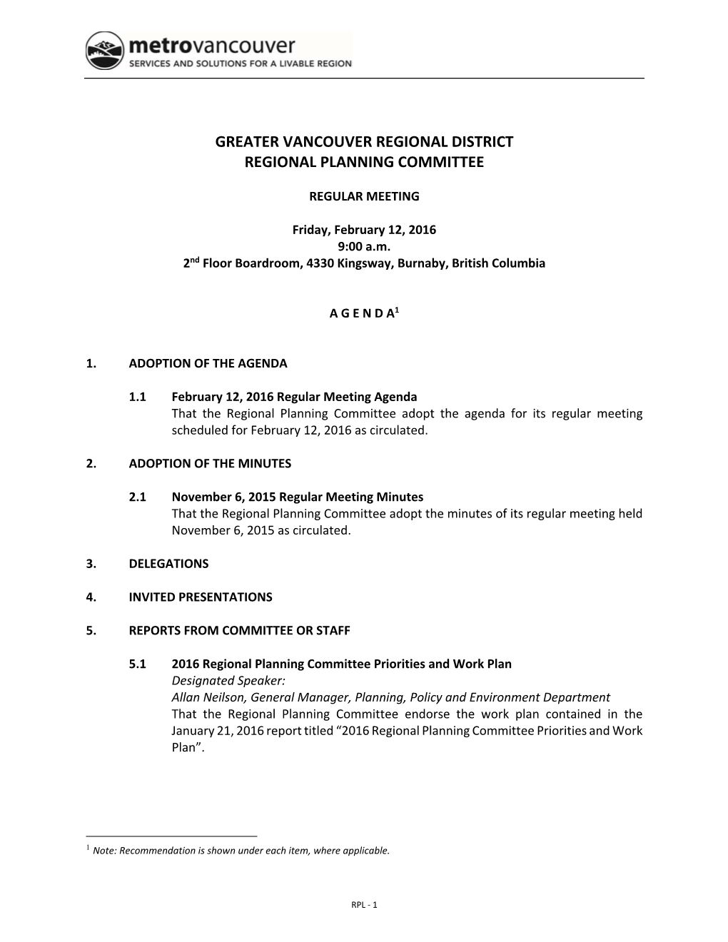 Regional Planning Committee Agenda