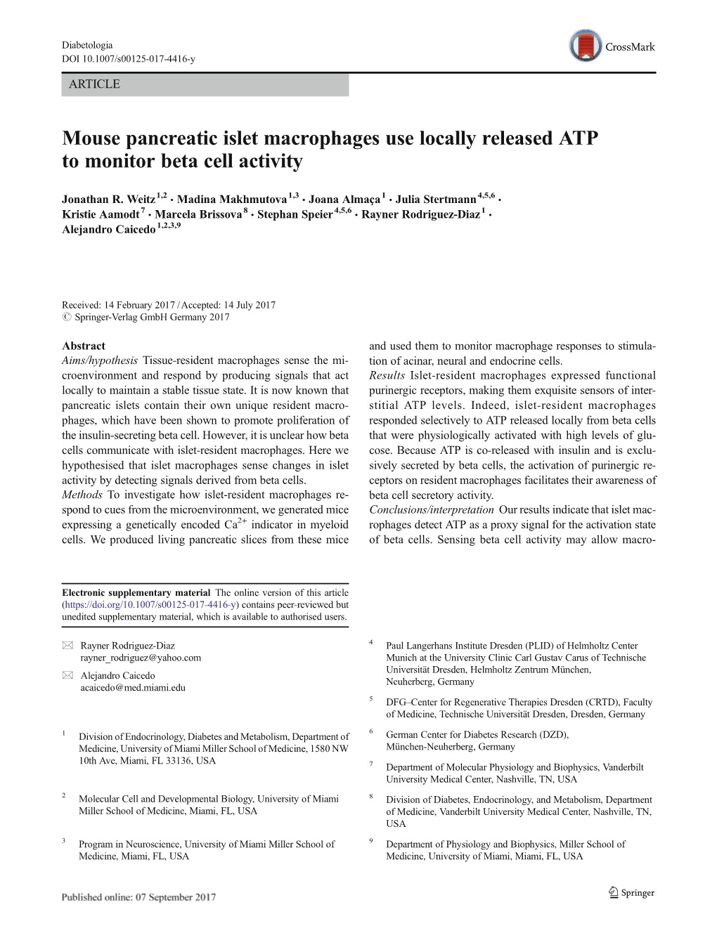 Mouse Pancreatic Islet Macrophages Use Locally Released ATP to Monitor Beta Cell Activity