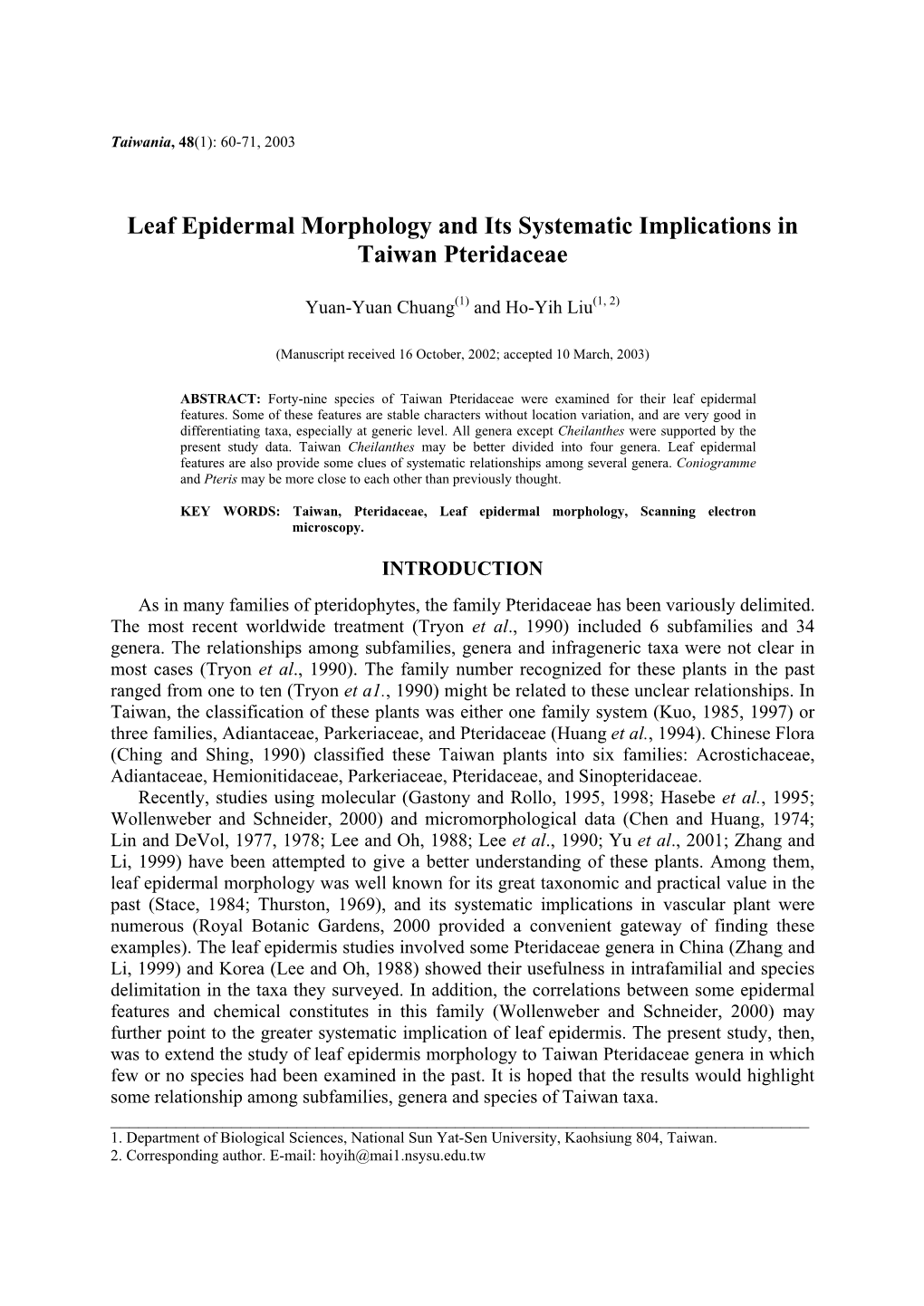 Leaf Epidermal Morphology and Its Systematic Implications in Taiwan Pteridaceae