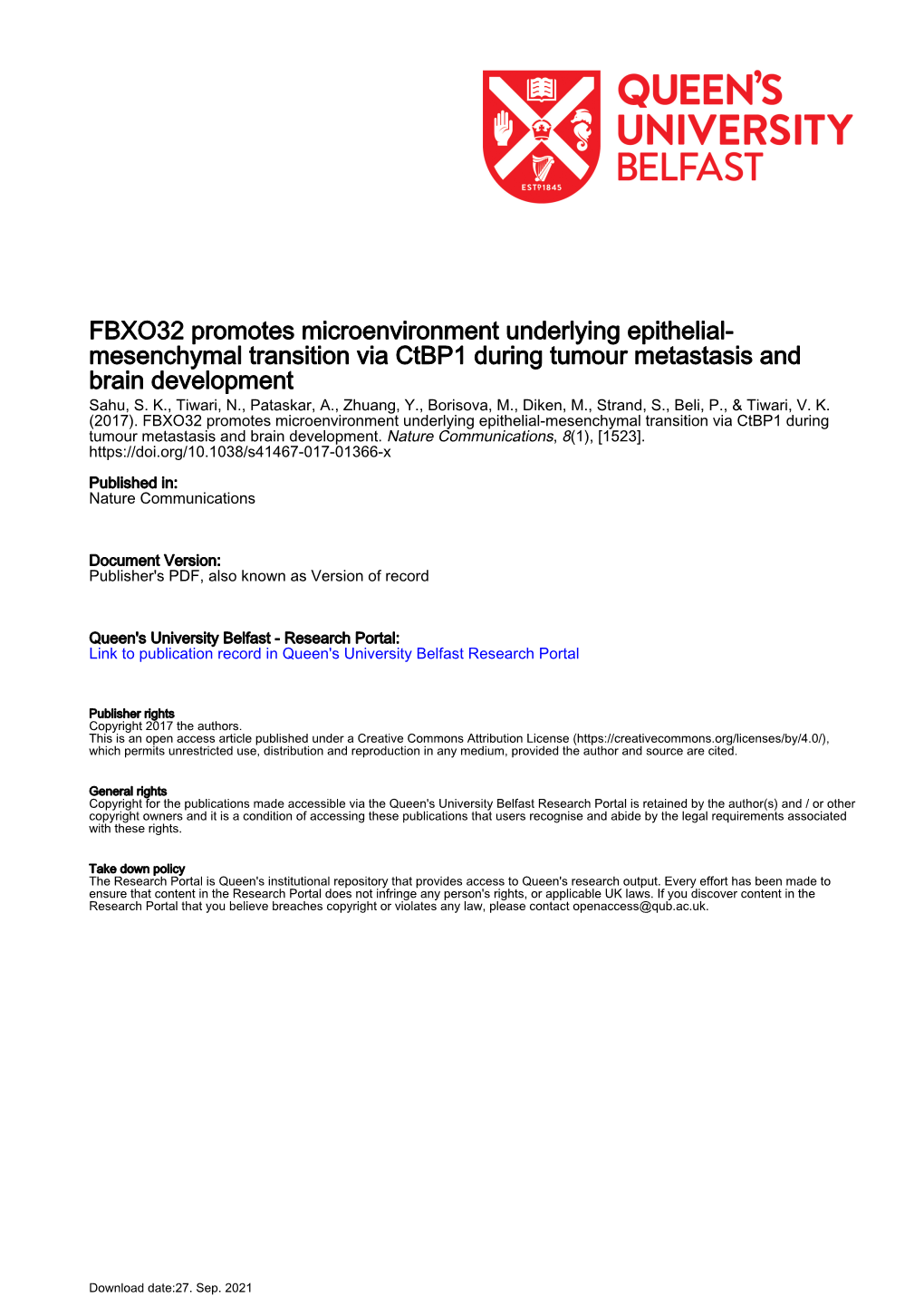 FBXO32 Promotes Microenvironment Underlying Epithelial-Mesenchymal Transition Via Ctbp1 During Tumour Metastasis and Brain Development