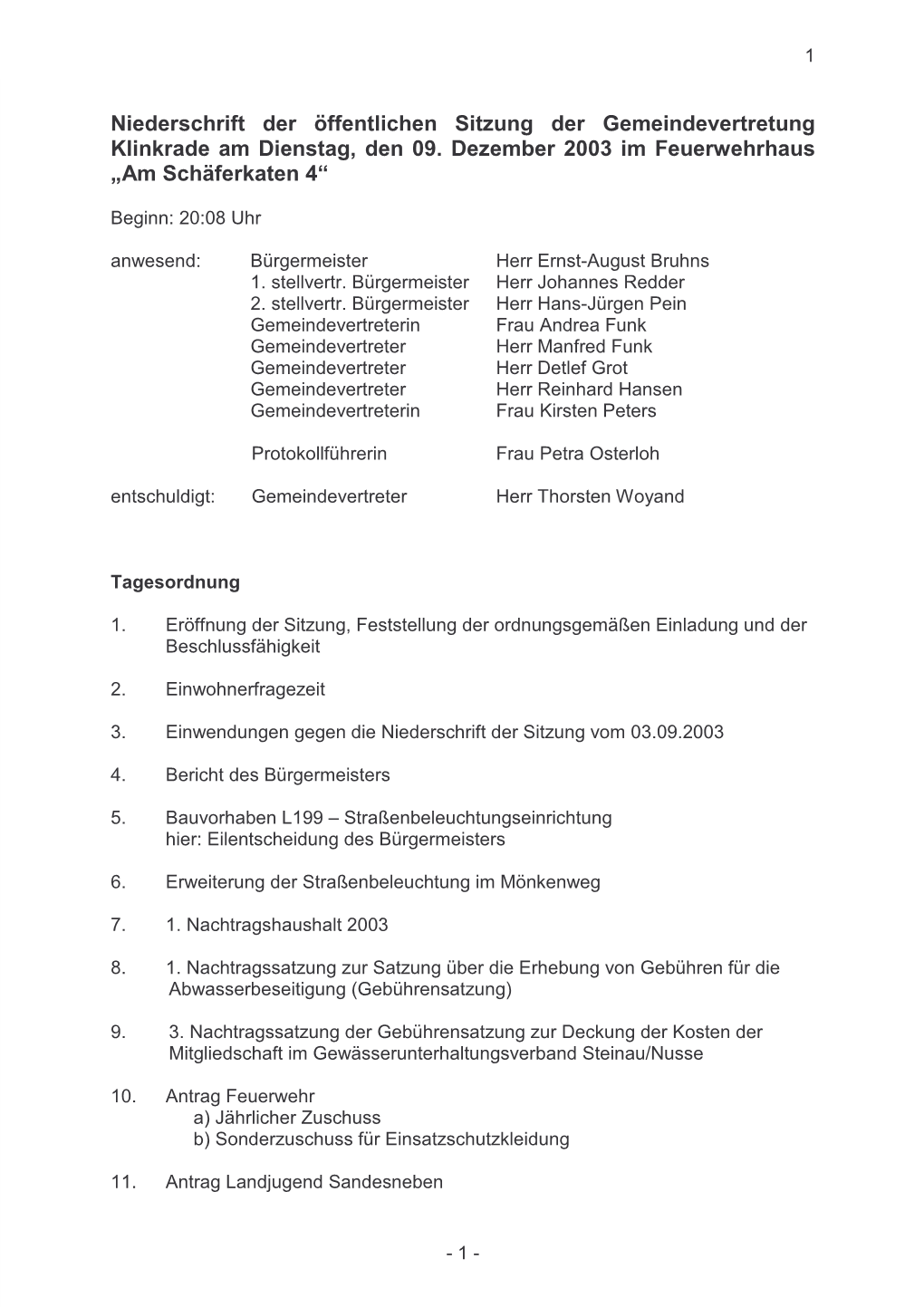 Niederschrift Der Öffentlichen Sitzung Der Gemeindevertretung Klinkrade Am Dienstag, Den 09