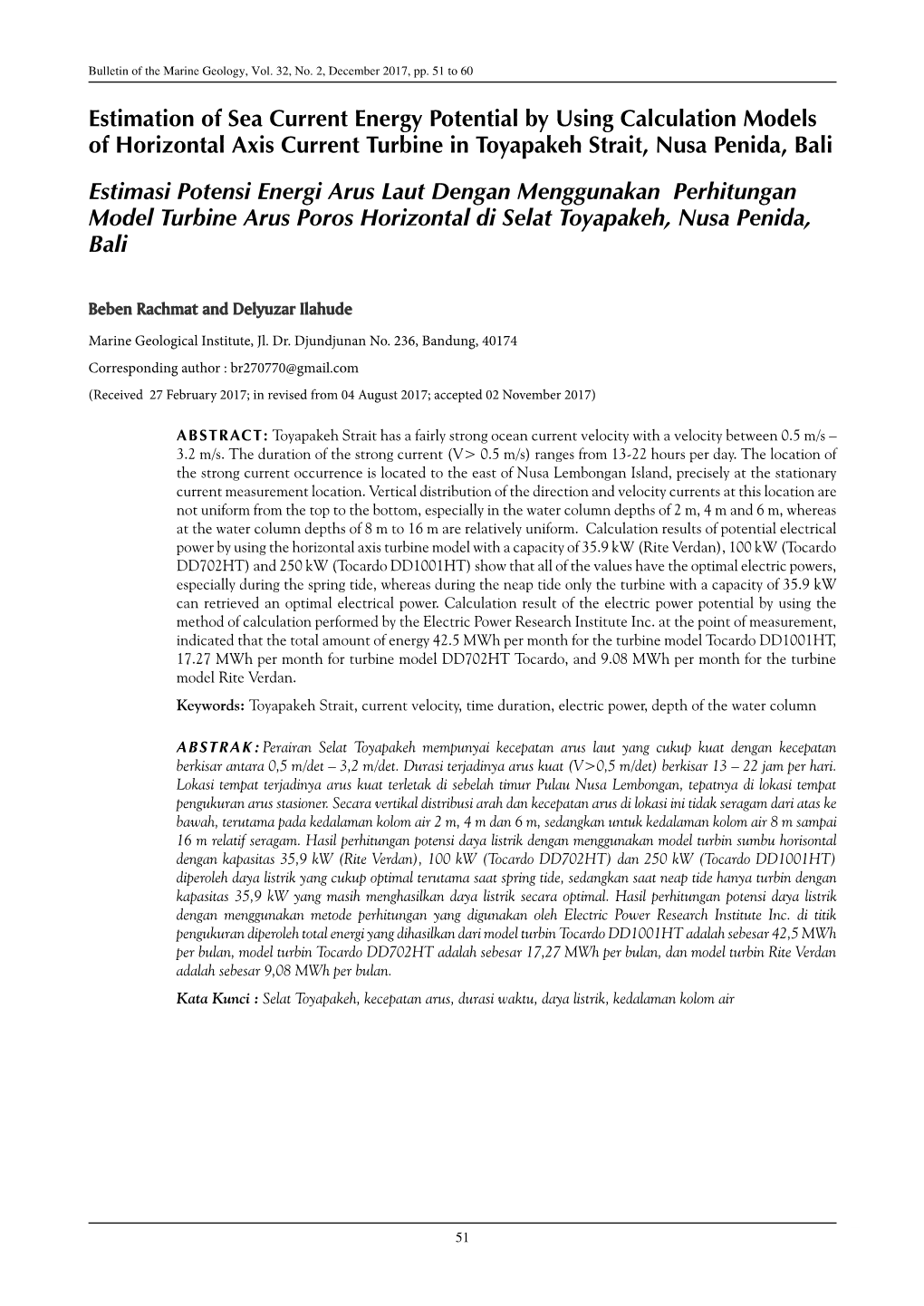 Estimation of Sea Current Energy Potential by Using Calculation