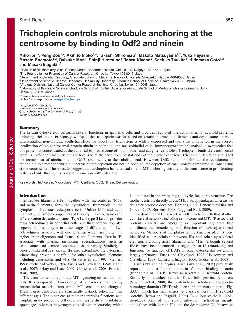 Trichoplein Controls Microtubule Anchoring at the Centrosome by Binding to Odf2 and Ninein