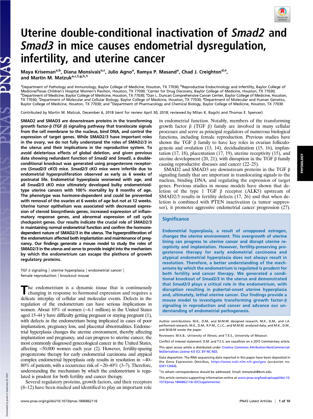 Uterine Double-Conditional Inactivation of Smad2 and Smad3 in Mice Causes Endometrial Dysregulation, Infertility, and Uterine Cancer