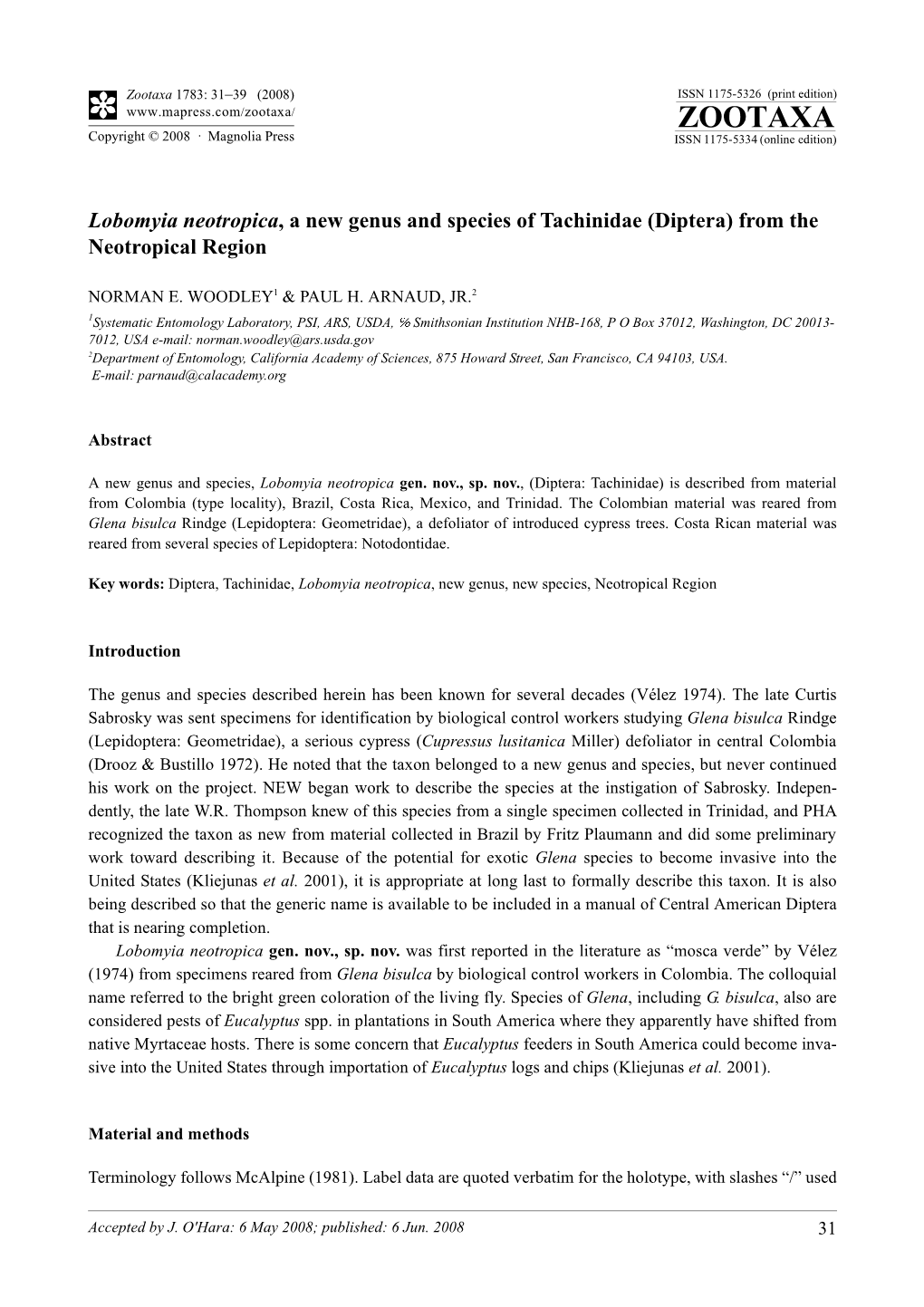 Zootaxa, Lobomyia Neotropica, a New Genus and Species of Tachinidae