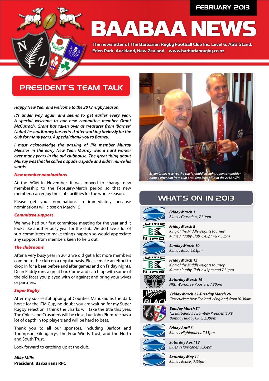 BAABAA NEWS the Newsletter of the Barbarian Rugby Football Club Inc