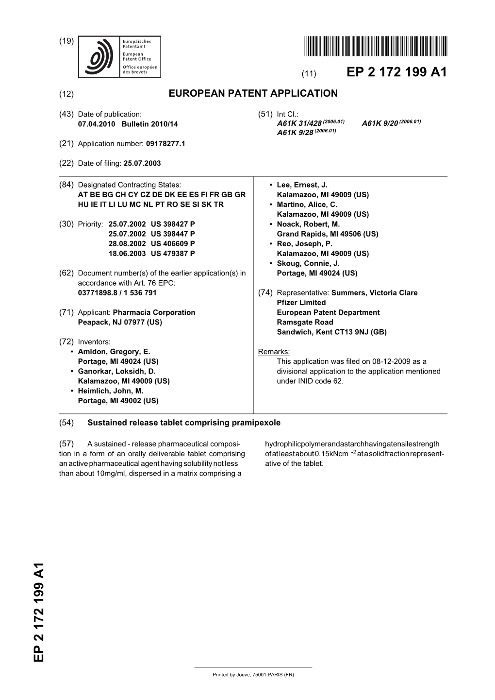 Sustained Release Tablet Comprising Pramipexole