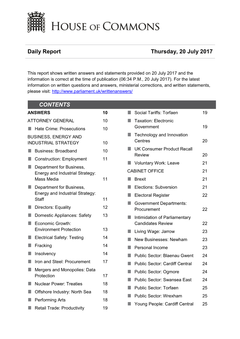 Daily Report Thursday, 20 July 2017 CONTENTS