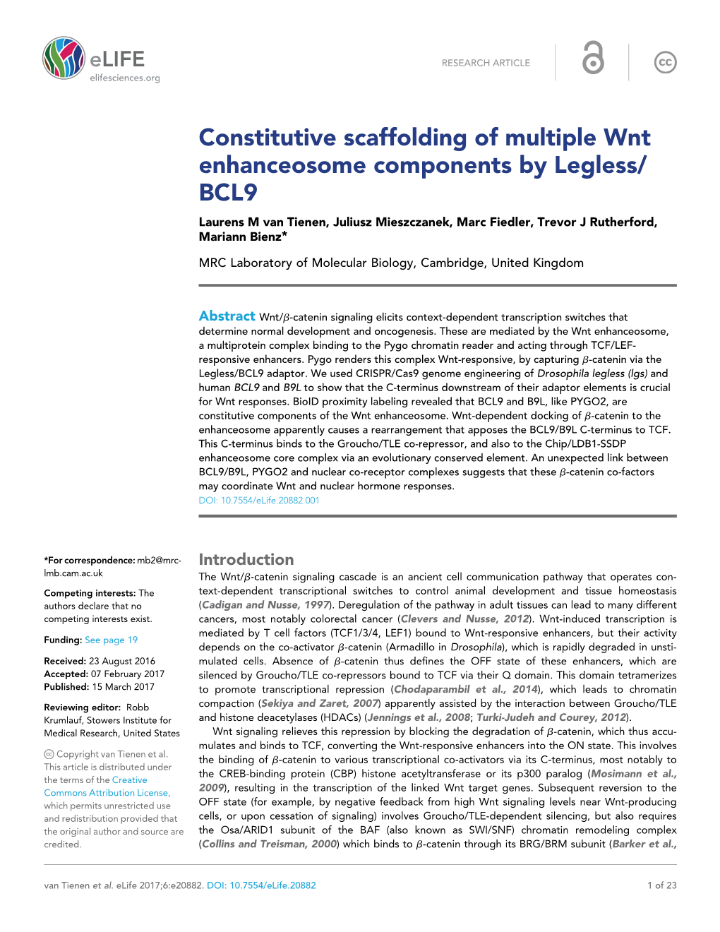 Constitutive Scaffolding of Multiple Wnt Enhanceosome Components By