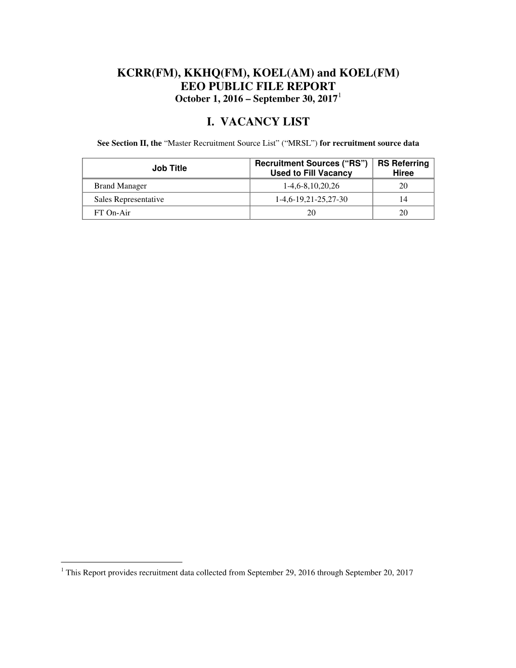 KCRR(FM), KKHQ(FM), KOEL(AM) and KOEL(FM) EEO PUBLIC FILE REPORT October 1, 2016 – September 30, 20171