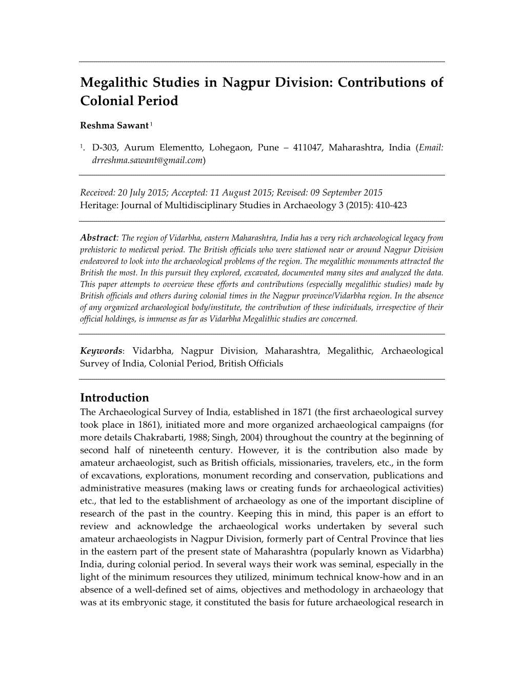 Megalithic Studies in Nagpur Division: Contributions of Colonial Period
