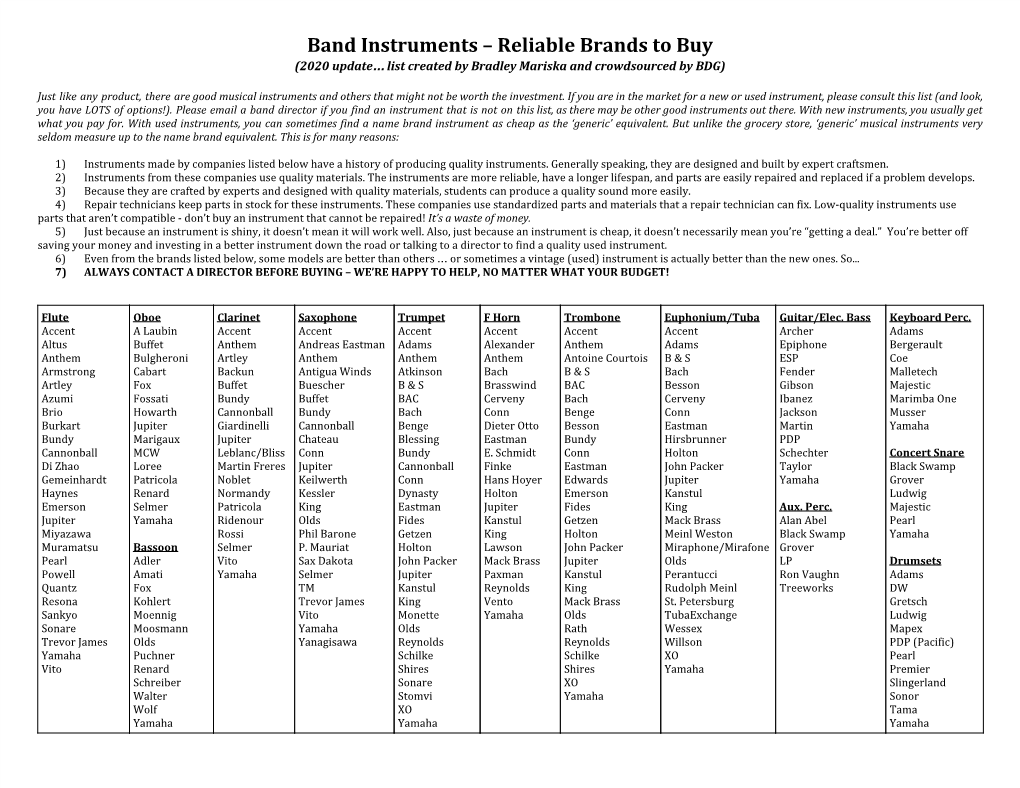 Band Instruments – Reliable Brands to Buy (2020 Update List Created by Bradley Mariska and Crowdsourced by BDG) …