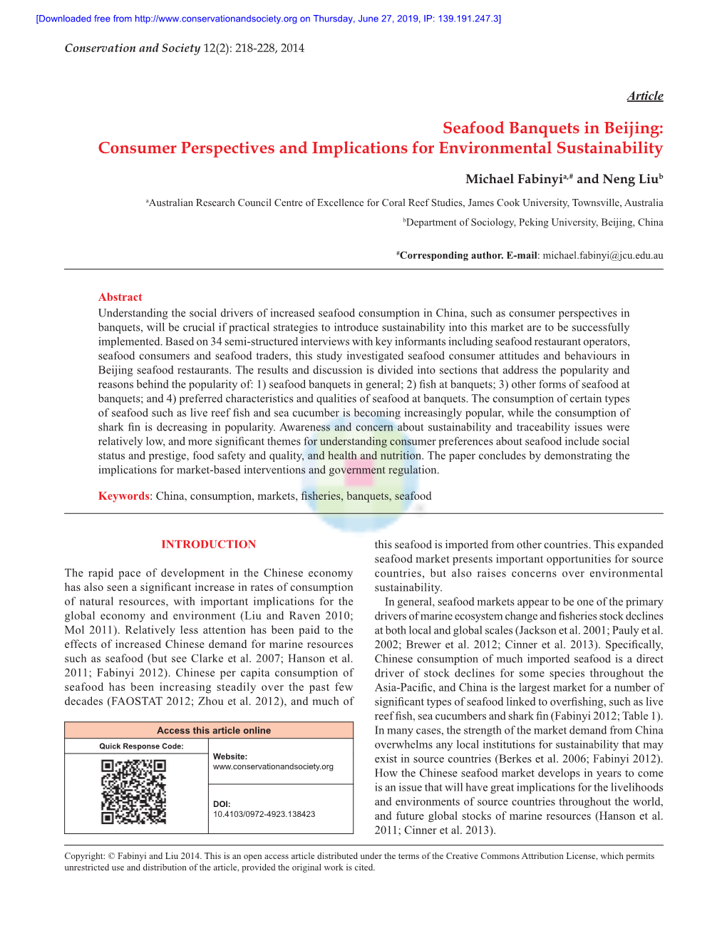 Seafood Banquets in Beijing: Consumer Perspectives and Implications for Environmental Sustainability