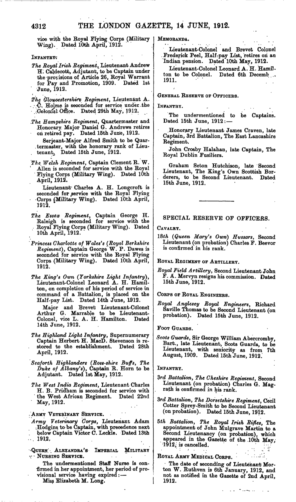 THE LONDON GAZETTE, 14 JUNE, 1912. Vice with the Royal Flying Corps (Military MEMORANDA