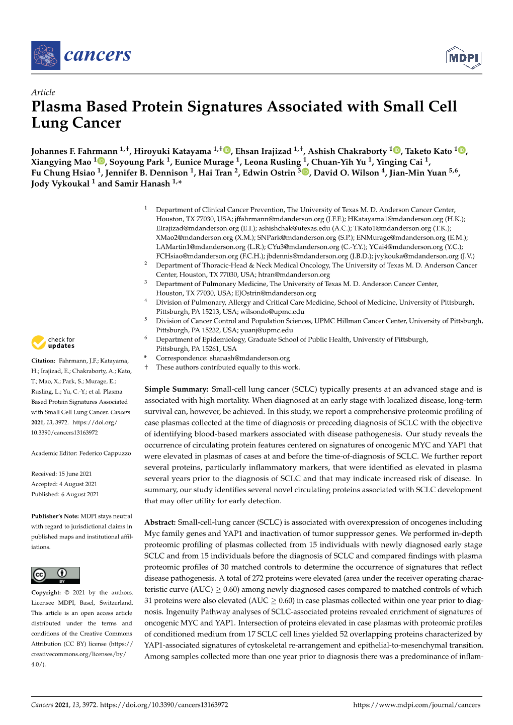 Plasma Based Protein Signatures Associated with Small Cell Lung Cancer