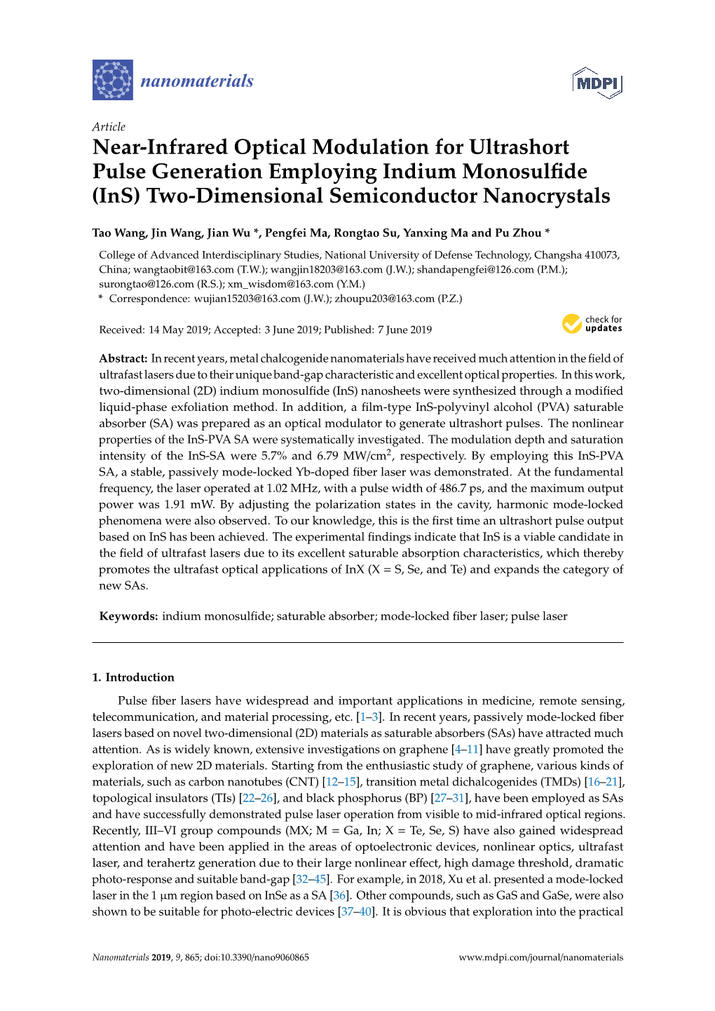 Near-Infrared Optical Modulation for Ultrashort Pulse Generation Employing Indium Monosulﬁde (Ins) Two-Dimensional Semiconductor Nanocrystals