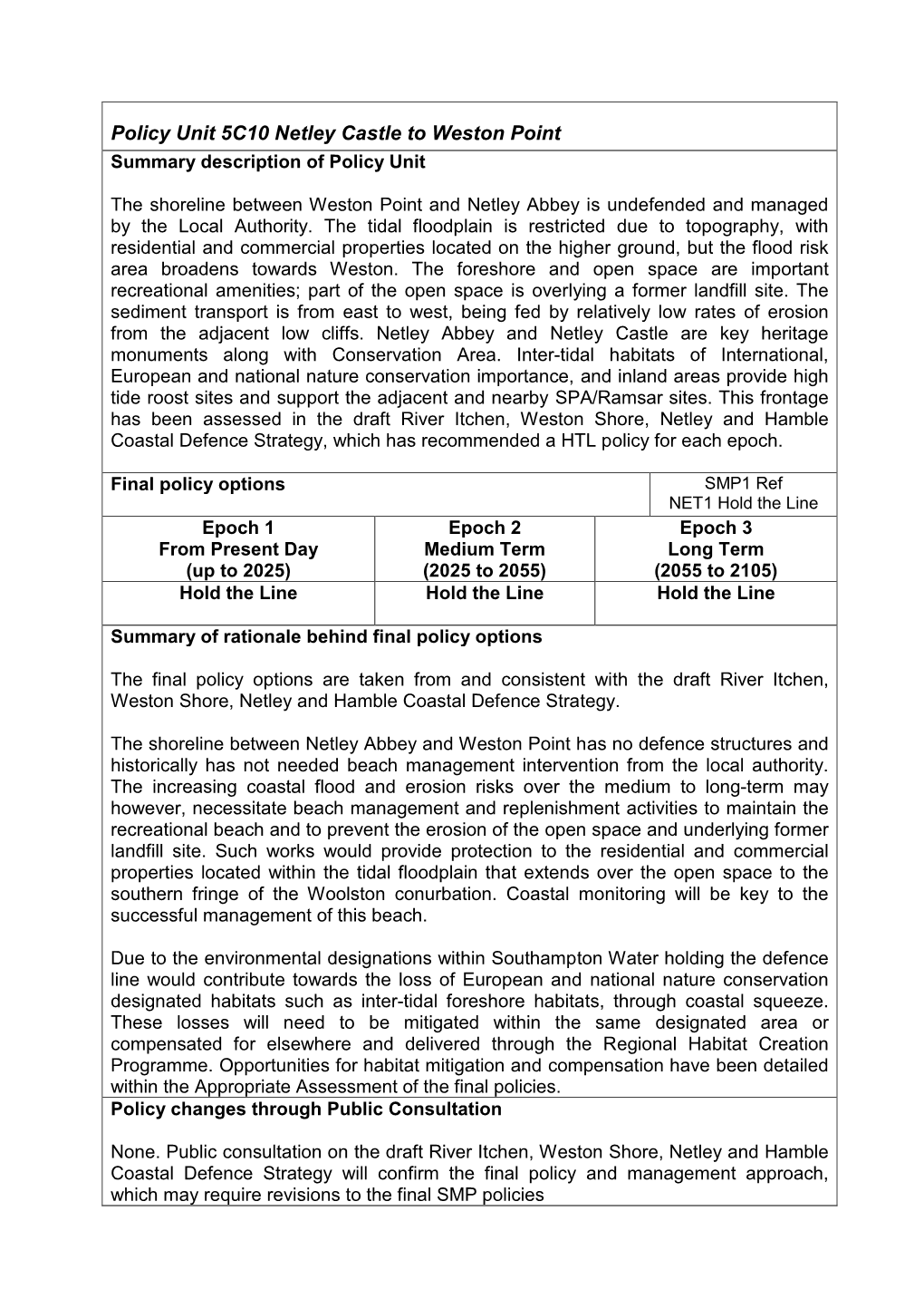 Policy Unit 5C10 Netley Castle to Weston Point Summary Description of Policy Unit