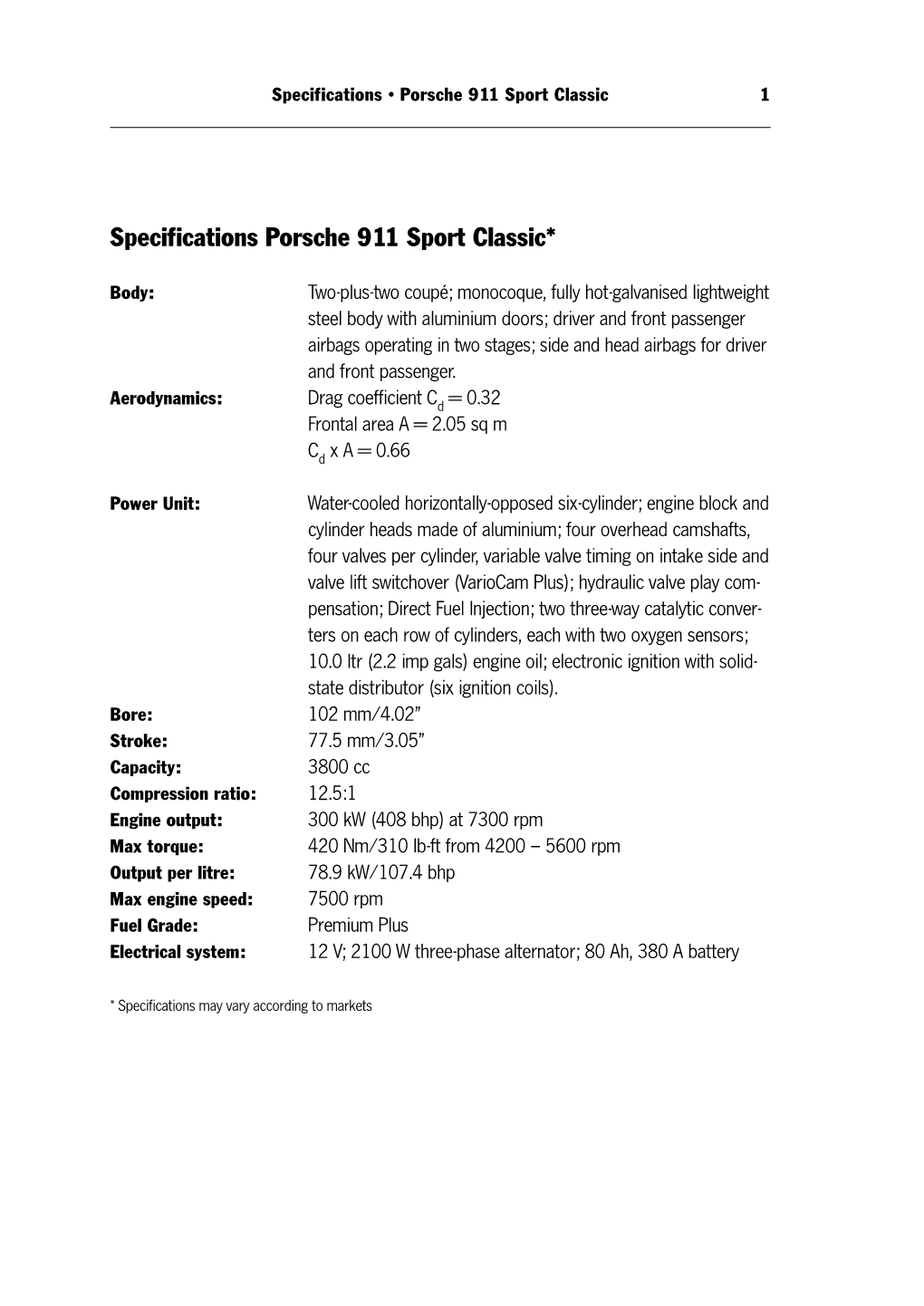 Specifications Porsche 911 Sport Classic*