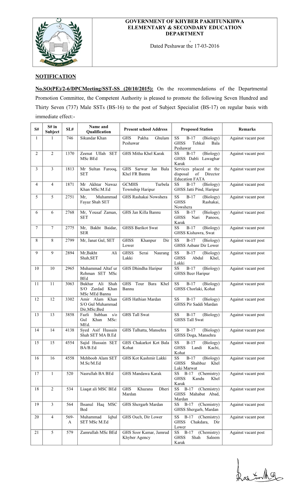 GOVERNMENT of KHYBER PAKHTUNKHWA ELEMENTARY & SECONDARY EDUCATION DEPARTMENT , Dated Peshawar the 17-03-2016