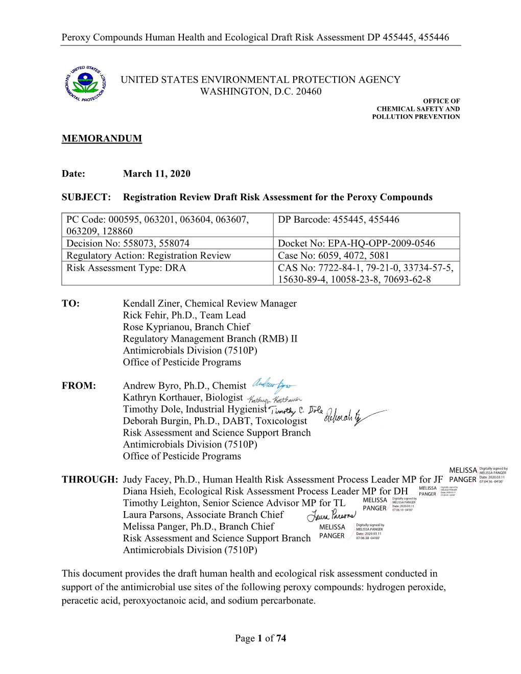 Peroxy Compounds Human Health and Ecological Draft Risk Assessment DP 455445, 455446