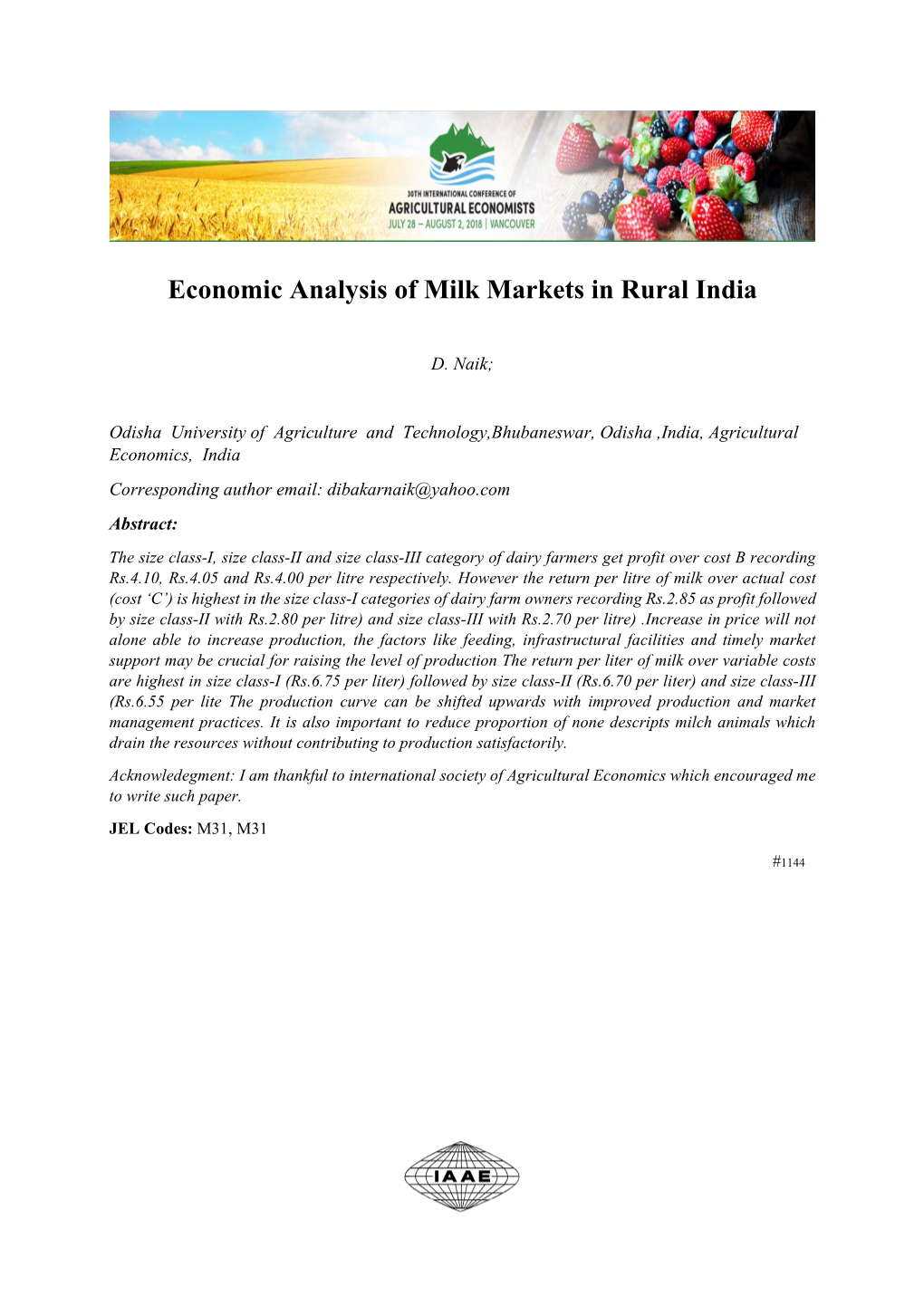 Economic Analysis of Milk Markets in Rural India