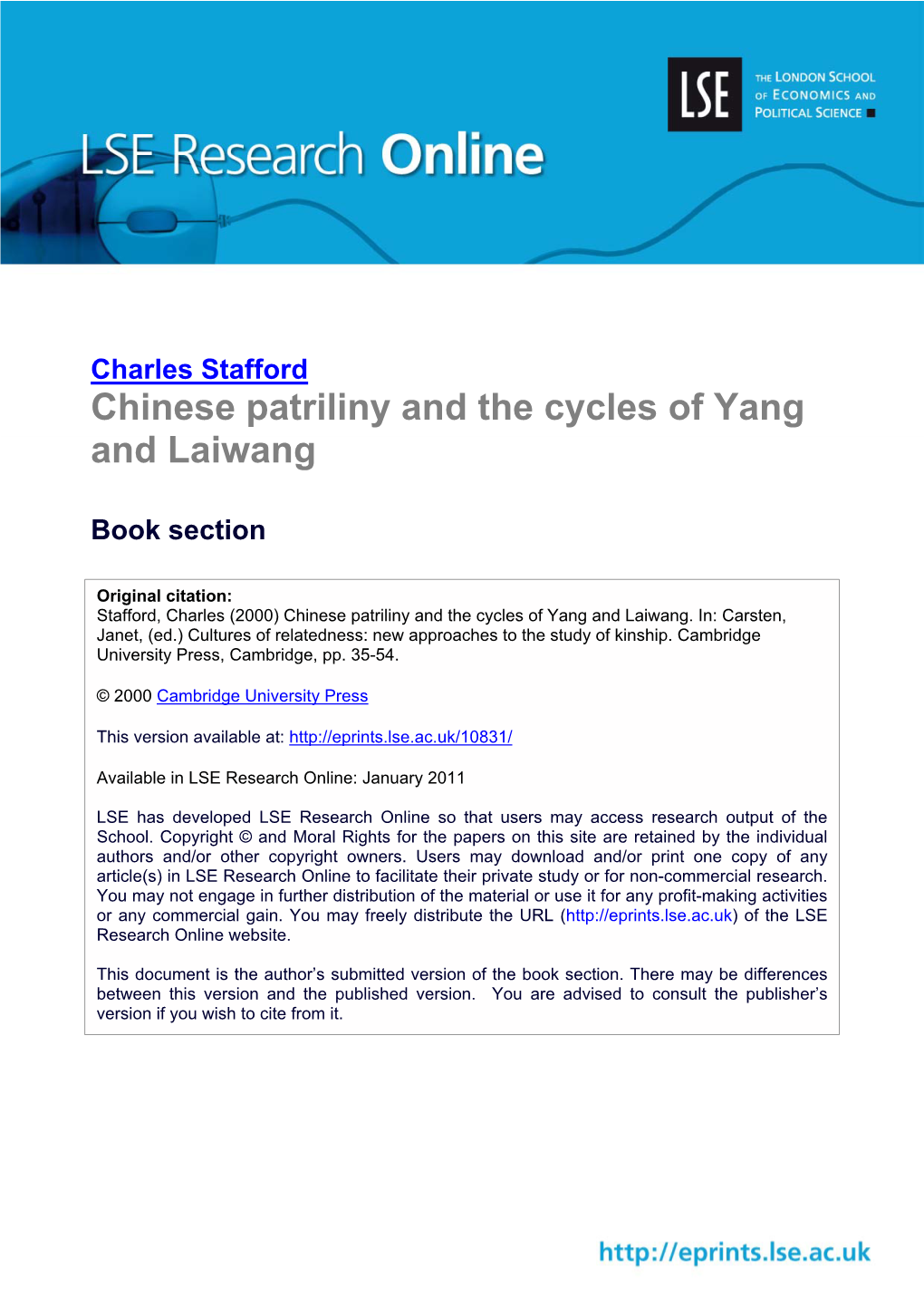 Chinese Patriliny and the Cycles of Yang and Laiwang