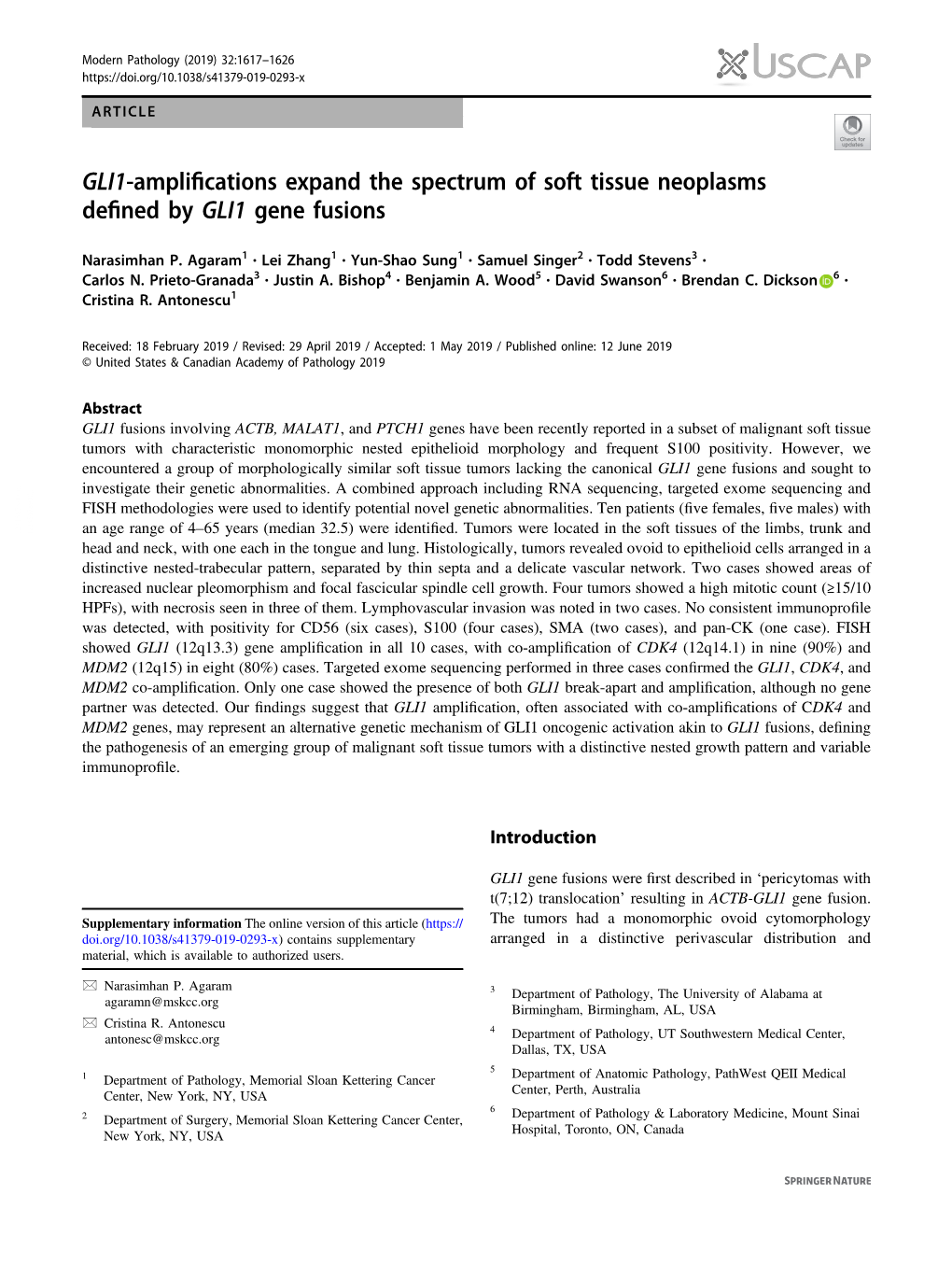 GLI1-Ampliﬁcations Expand the Spectrum of Soft Tissue Neoplasms Deﬁned by GLI1 Gene Fusions